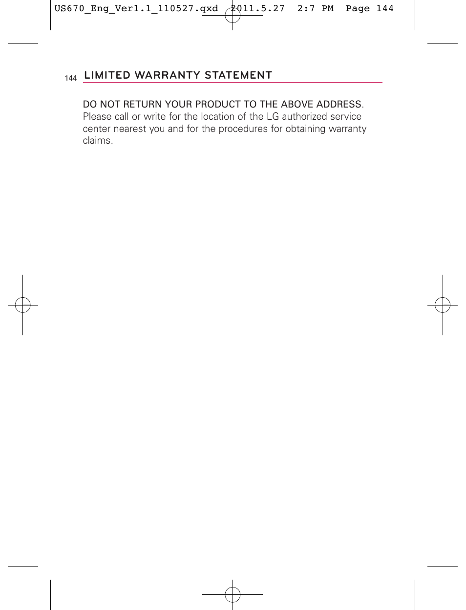 Limited warranty statement | LG US670 User Manual | Page 146 / 309