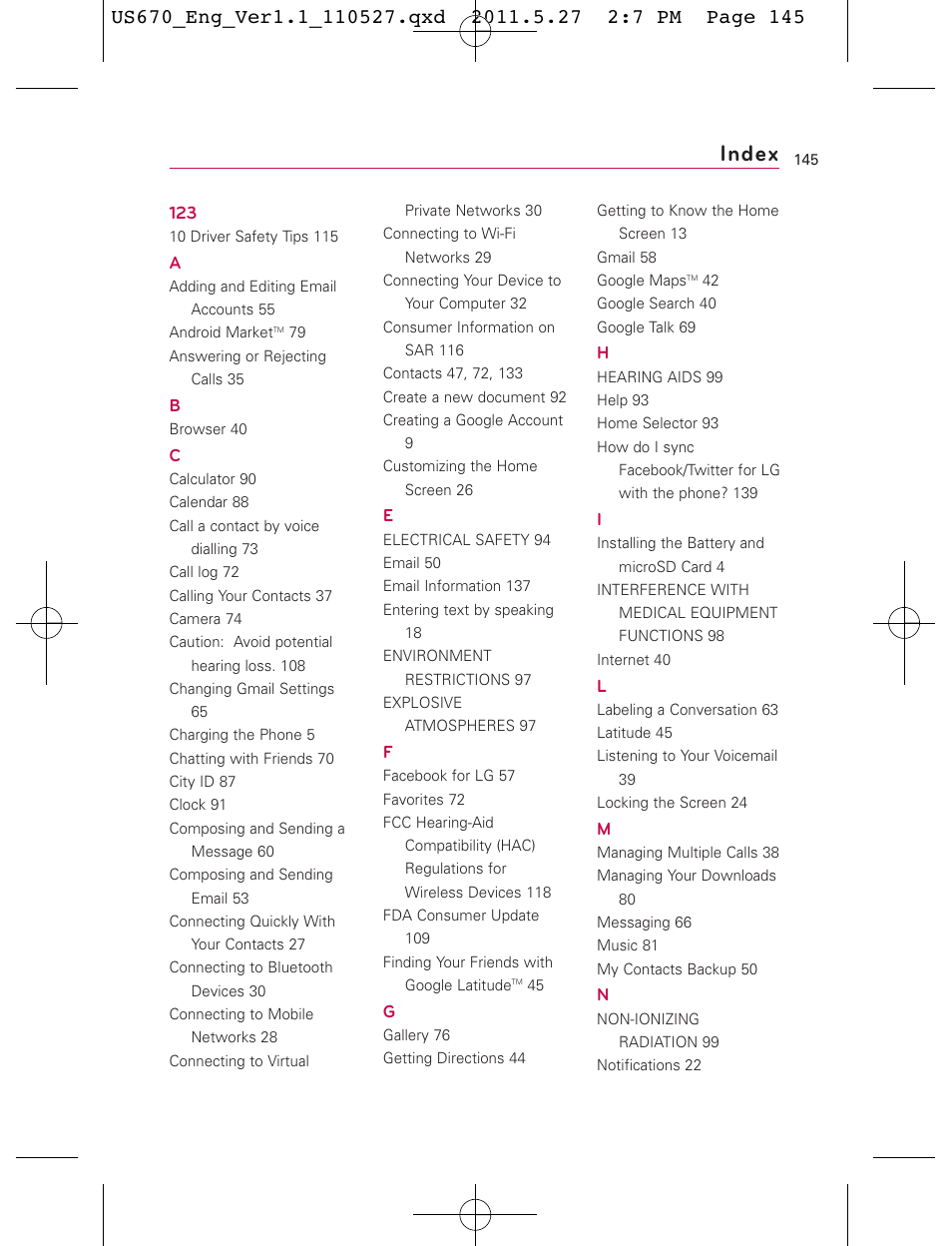 Index | LG US670 User Manual | Page 147 / 309