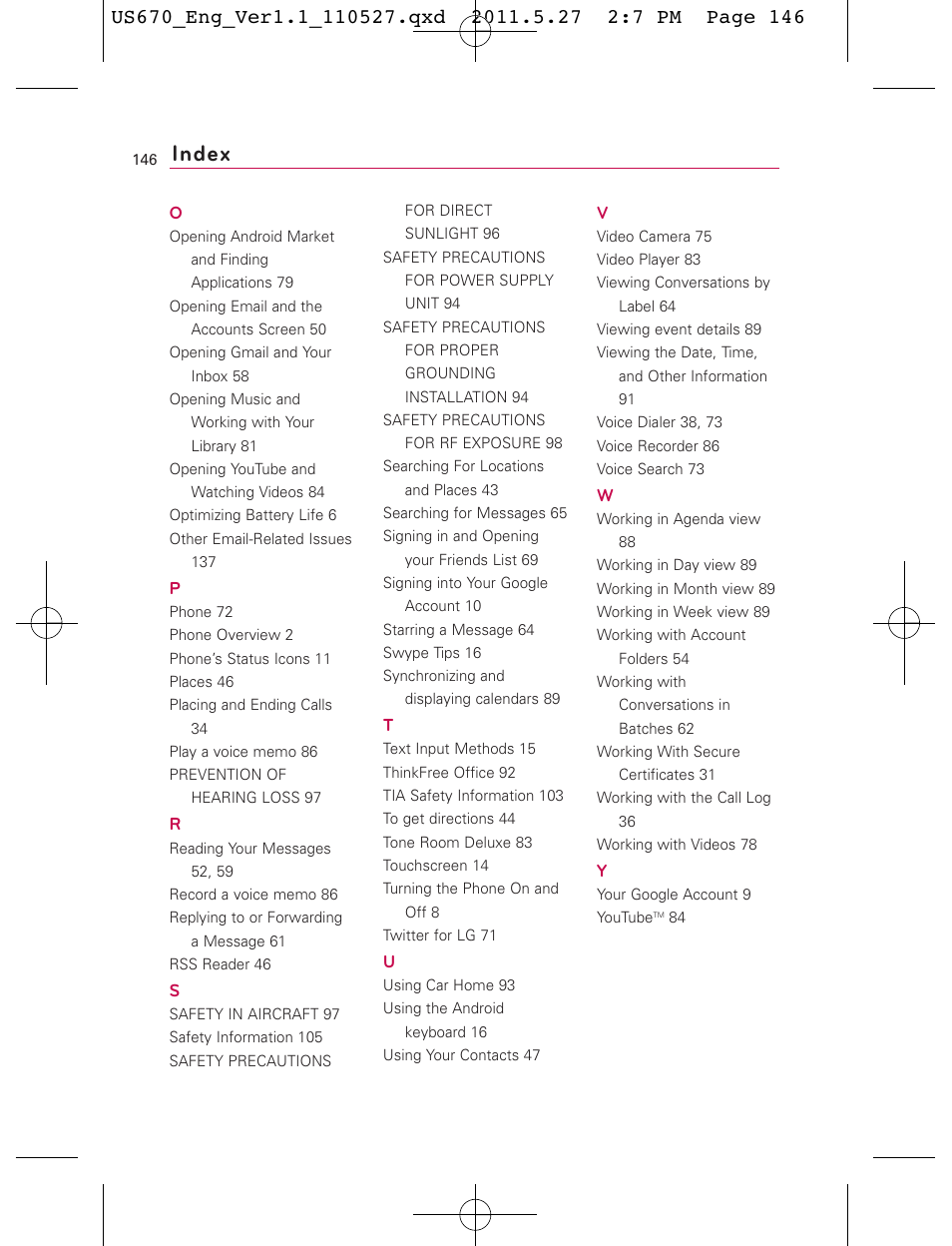 Index | LG US670 User Manual | Page 148 / 309