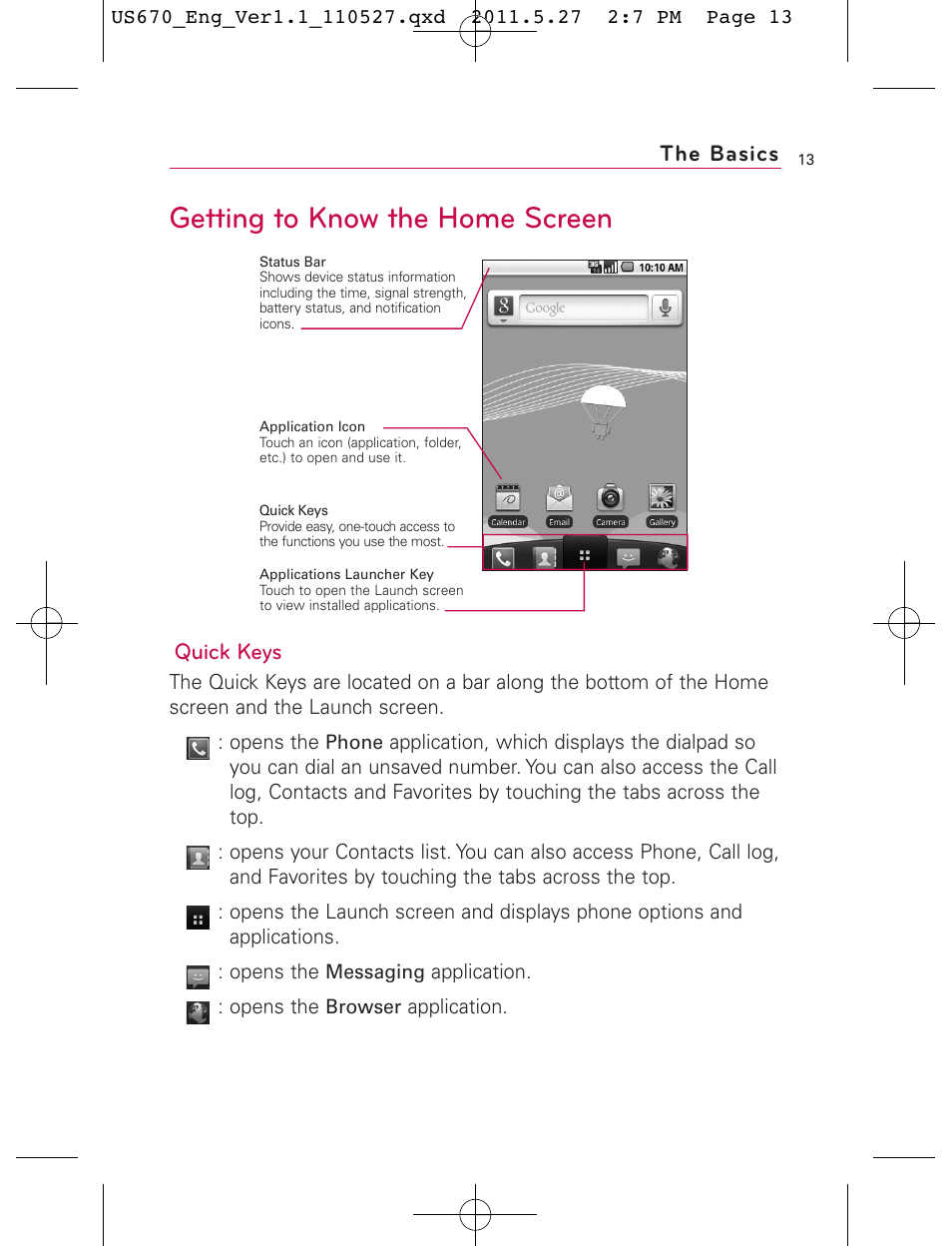 Getting to know the home screen, The basics, Quick keys | LG US670 User Manual | Page 15 / 309