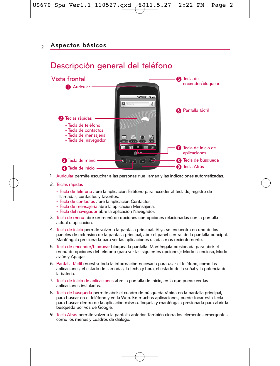 Descripción general del teléfono, Aspectos básicos, Vista frontal | LG US670 User Manual | Page 152 / 309