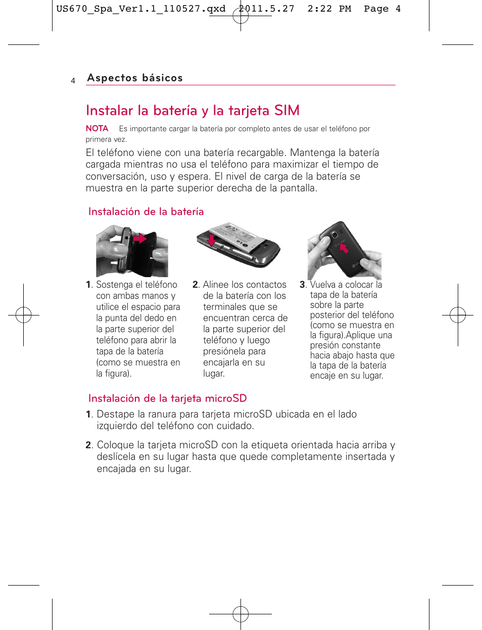 Instalar la batería y la tarjeta sim | LG US670 User Manual | Page 154 / 309