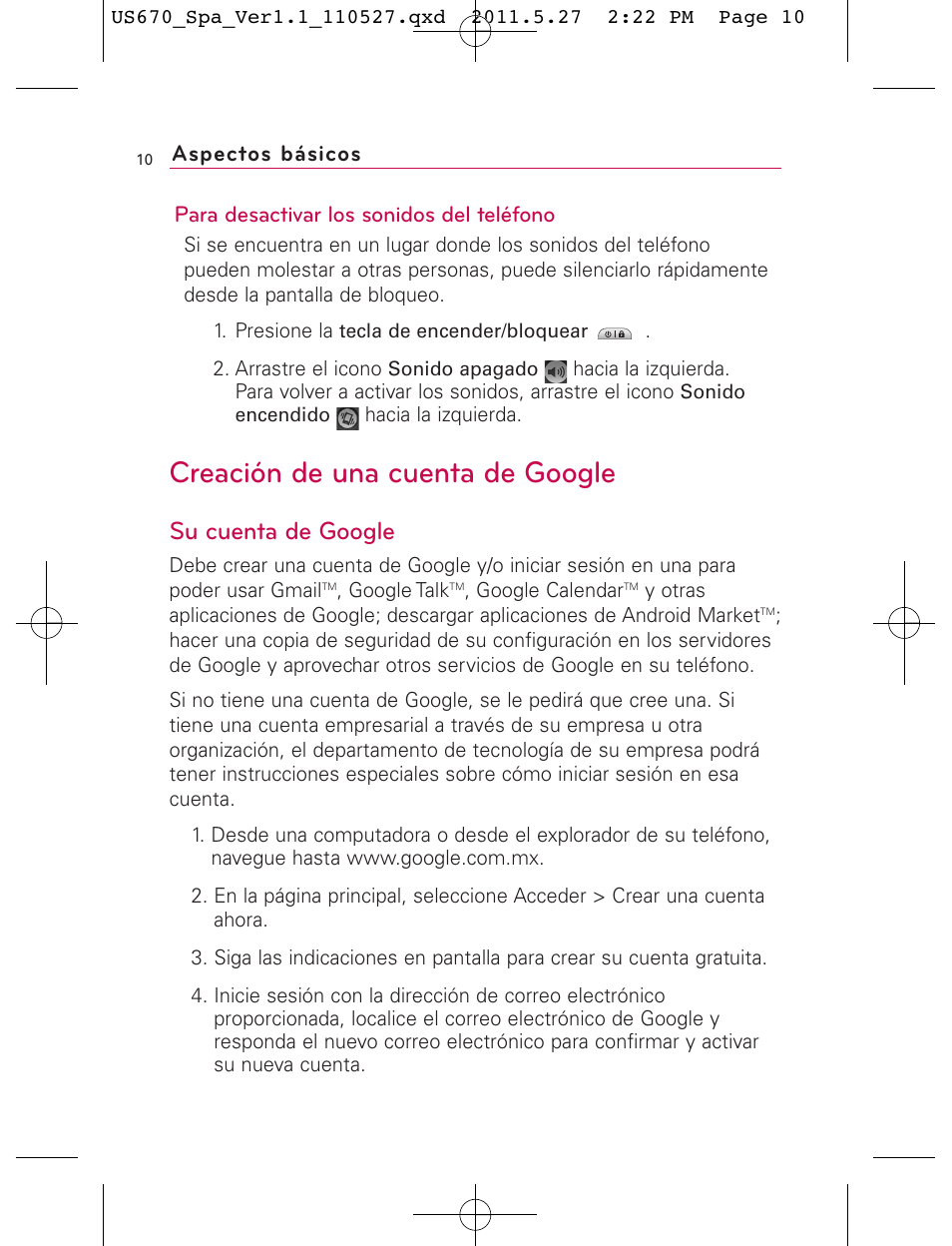 Creación de una cuenta de google, Su cuenta de google, Para desactivar los sonidos del teléfono | Aspectos básicos | LG US670 User Manual | Page 160 / 309