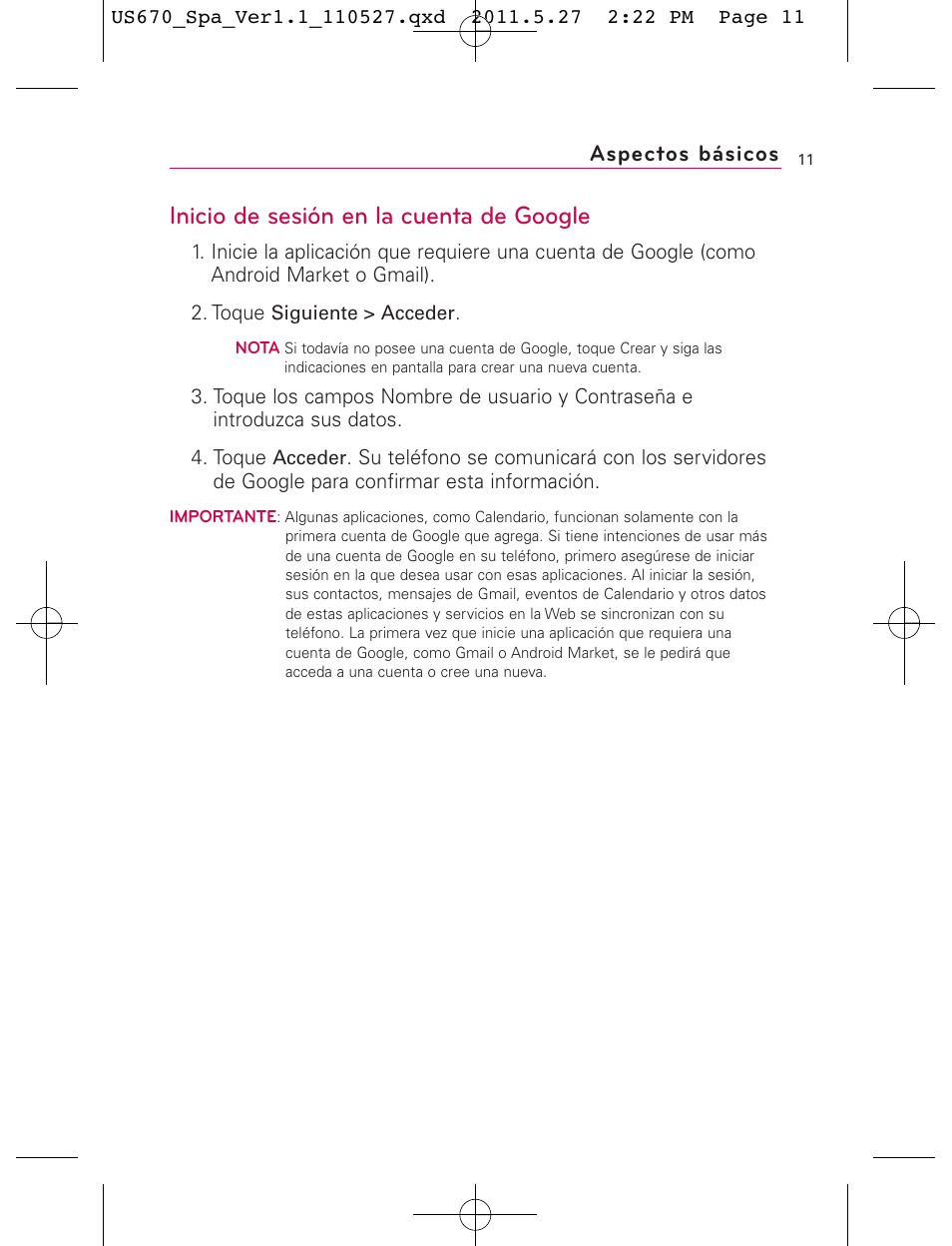 Inicio de sesión en la cuenta de google, Aspectos básicos | LG US670 User Manual | Page 161 / 309