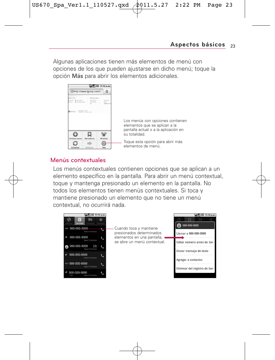 Aspectos básicos, Menús contextuales | LG US670 User Manual | Page 173 / 309