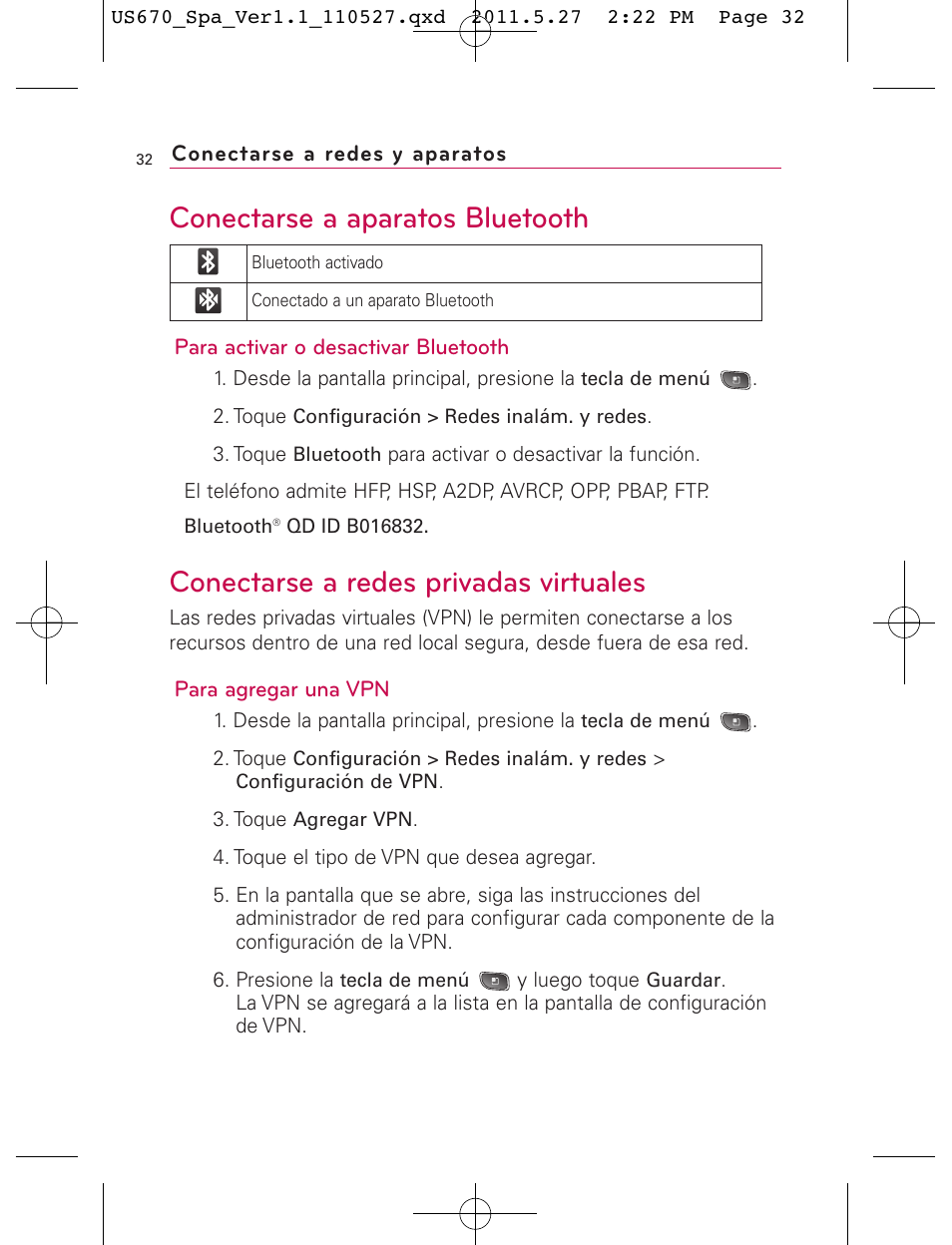 Conectarse a aparatos bluetooth, Conectarse a redes privadas virtuales | LG US670 User Manual | Page 182 / 309