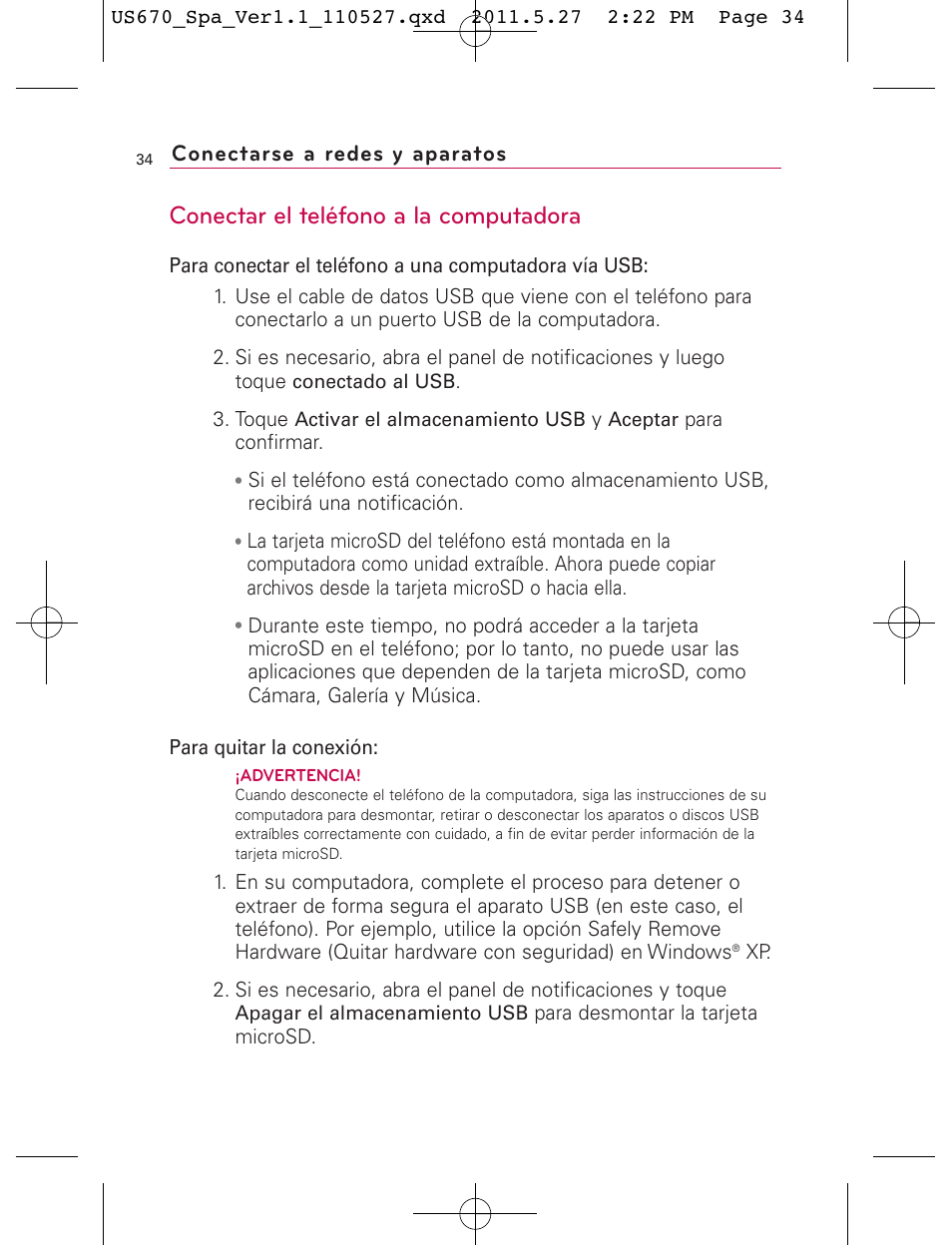 Conectar el teléfono a la computadora, Conectarse a redes y aparatos | LG US670 User Manual | Page 184 / 309