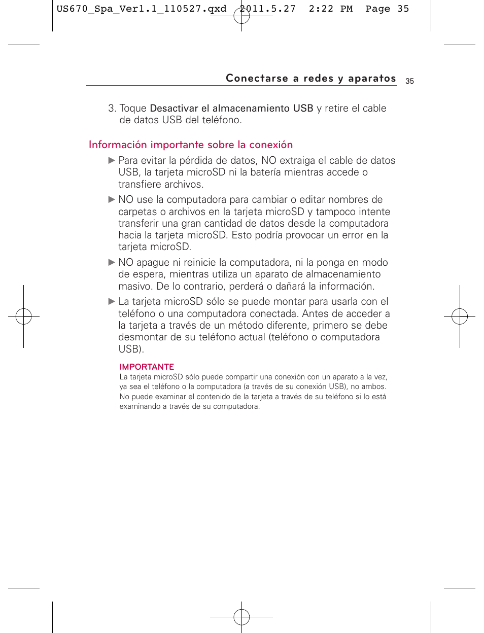 Conectarse a redes y aparatos, Información importante sobre la conexión | LG US670 User Manual | Page 185 / 309