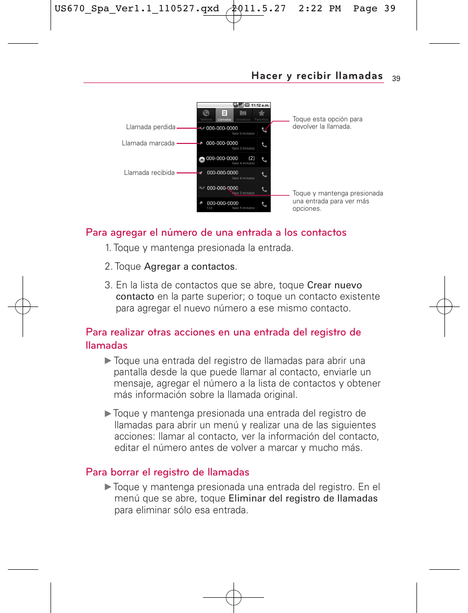 Para borrar el registro de llamadas, Hacer y recibir llamadas | LG US670 User Manual | Page 189 / 309