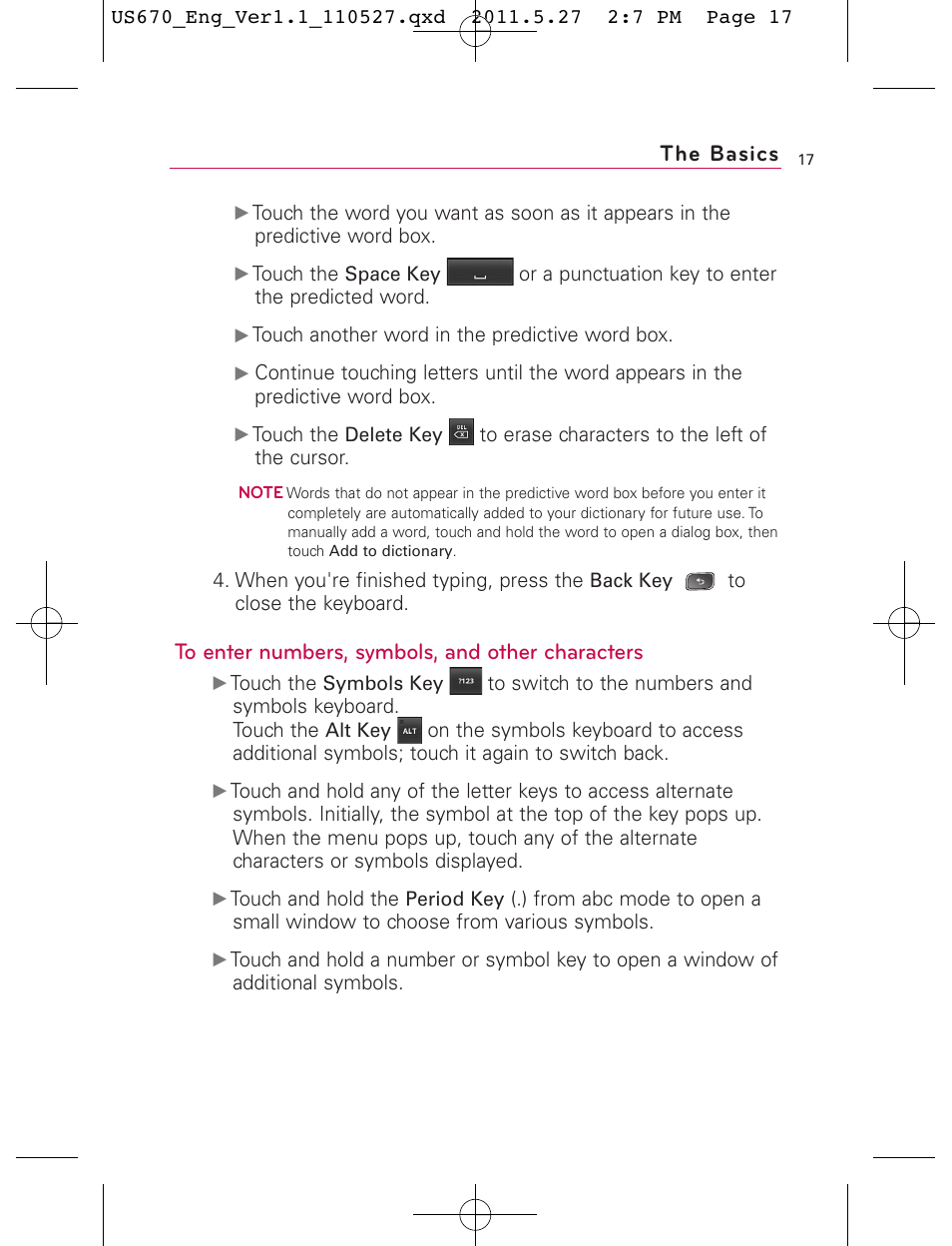 The basics | LG US670 User Manual | Page 19 / 309