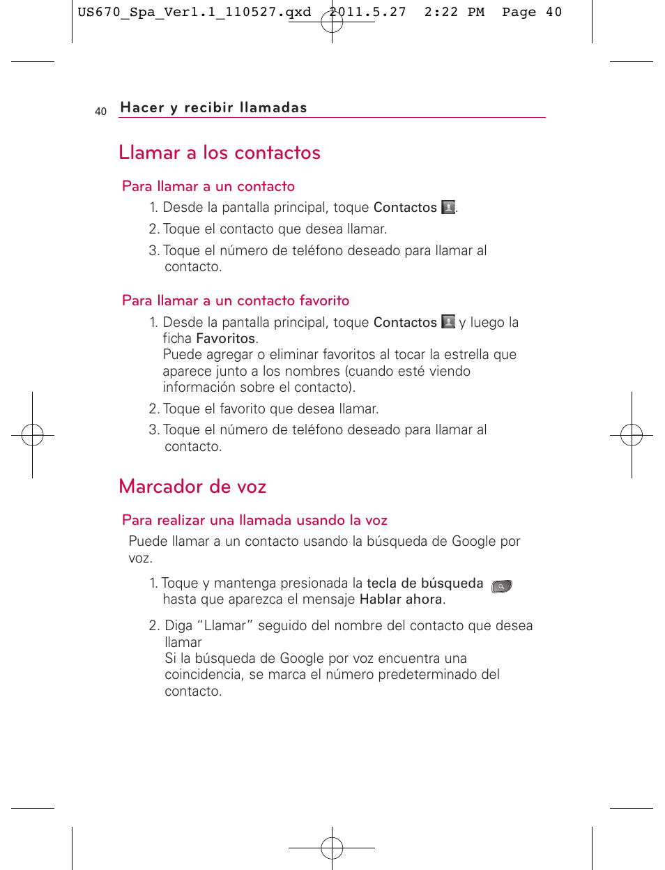 Llamar a los contactos, Marcador de voz | LG US670 User Manual | Page 190 / 309