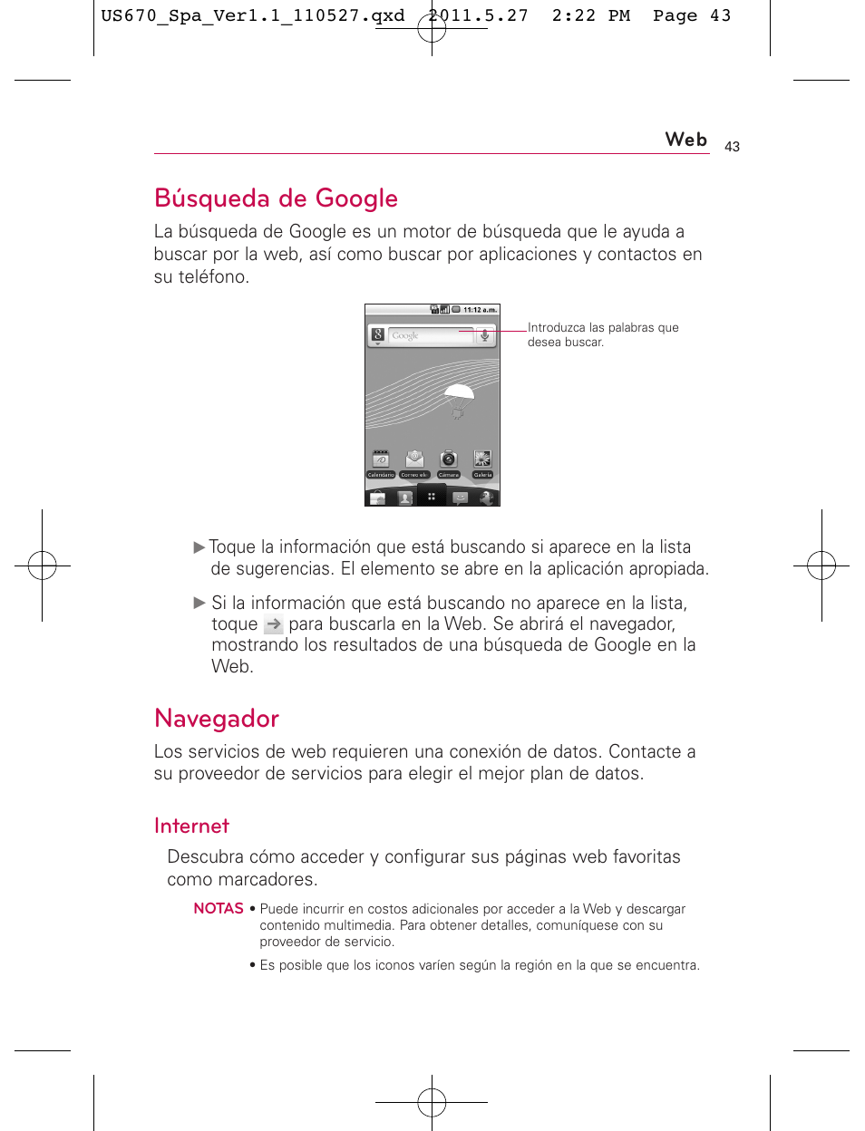 Búsqueda de google, Navegador, Internet | LG US670 User Manual | Page 193 / 309