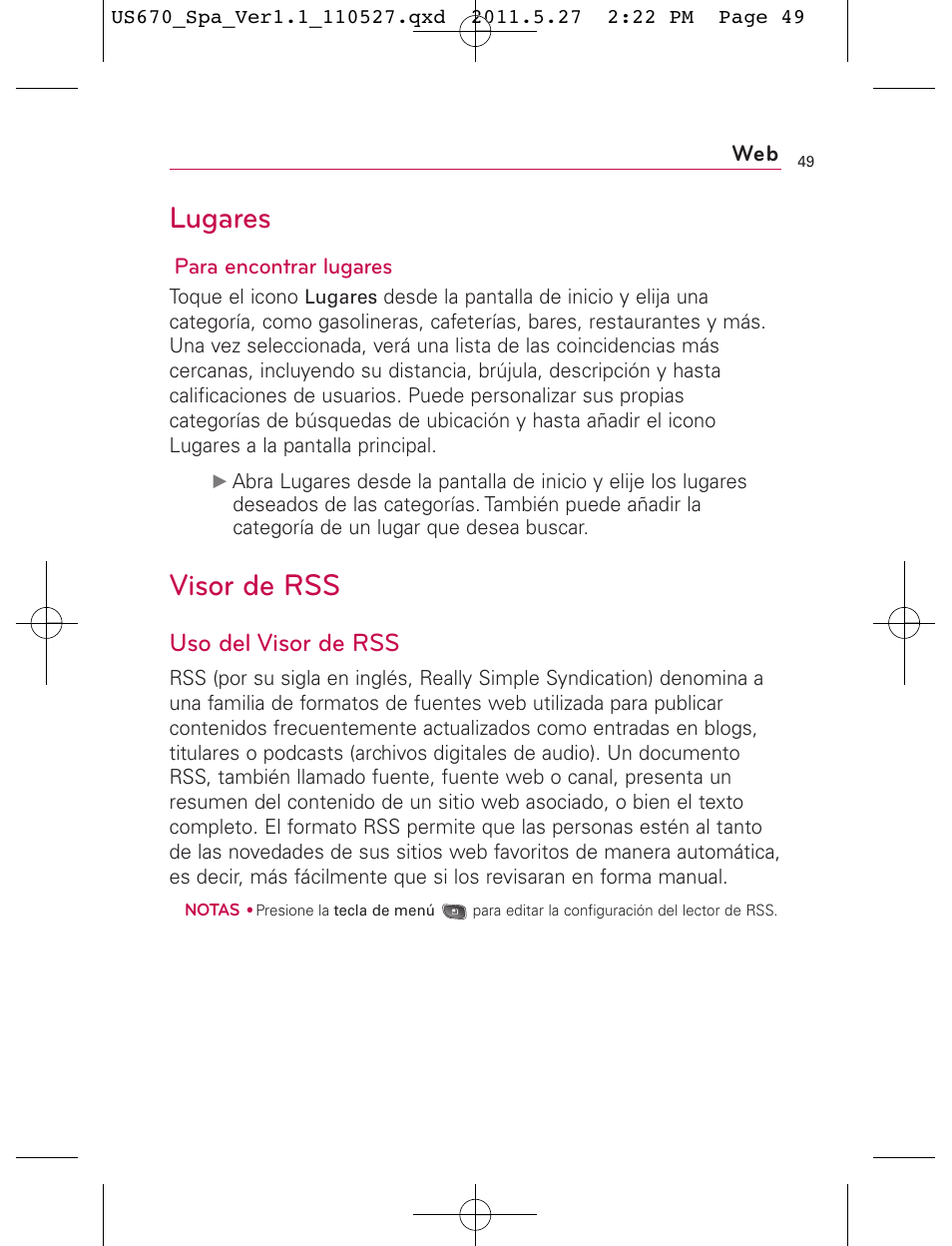 Lugares, Visor de rss, Uso del visor de rss | LG US670 User Manual | Page 199 / 309