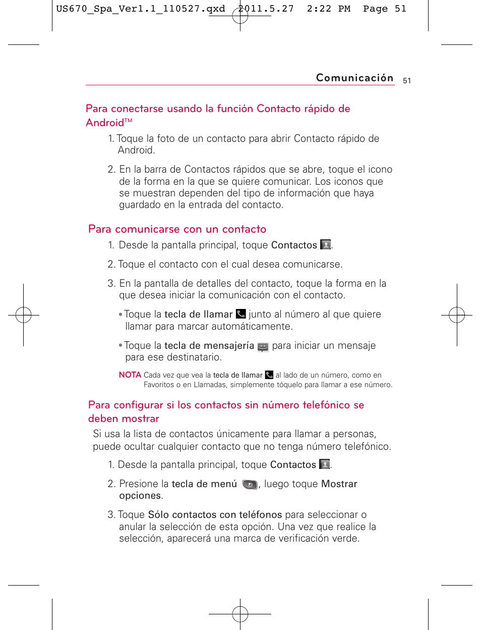 Para comunicarse con un contacto, Comunicación | LG US670 User Manual | Page 201 / 309