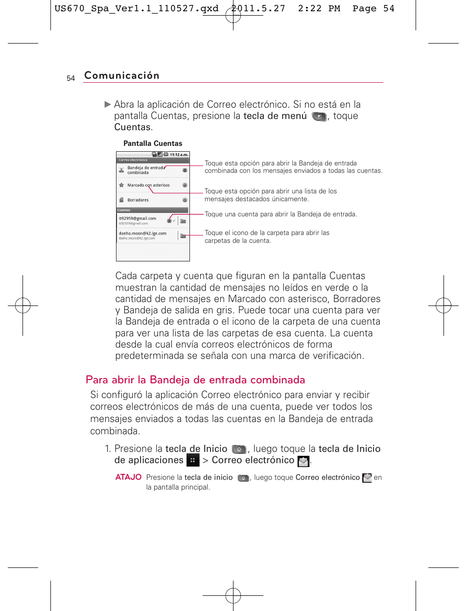 Para abrir la bandeja de entrada combinada, Comunicación | LG US670 User Manual | Page 204 / 309