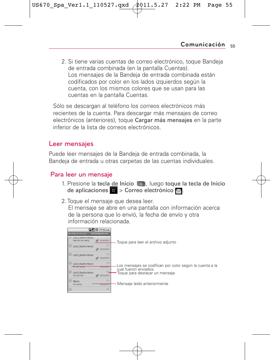 Leer mensajes, Para leer un mensaje, Comunicación | LG US670 User Manual | Page 205 / 309