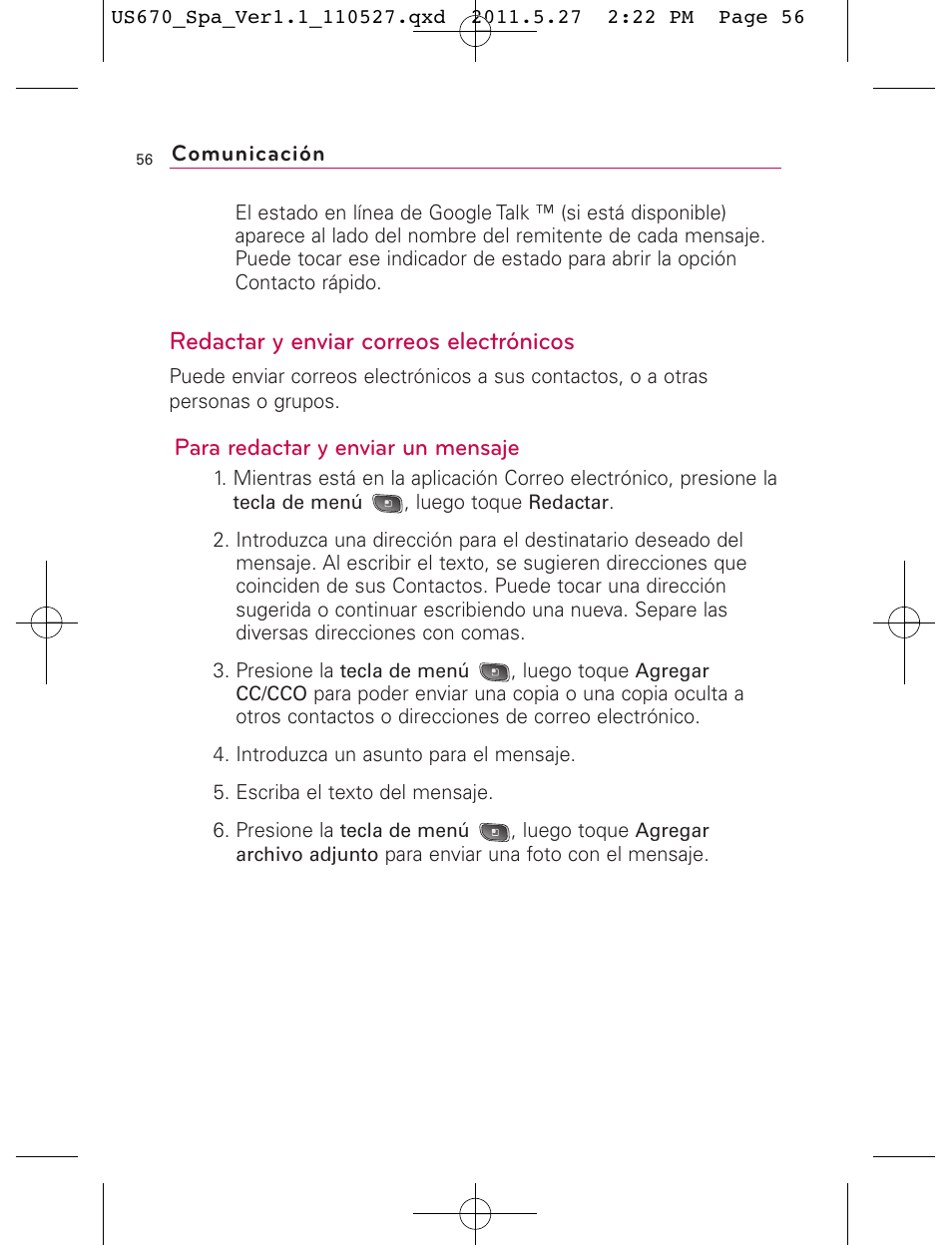 Redactar y enviar correos electrónicos, Para redactar y enviar un mensaje | LG US670 User Manual | Page 206 / 309