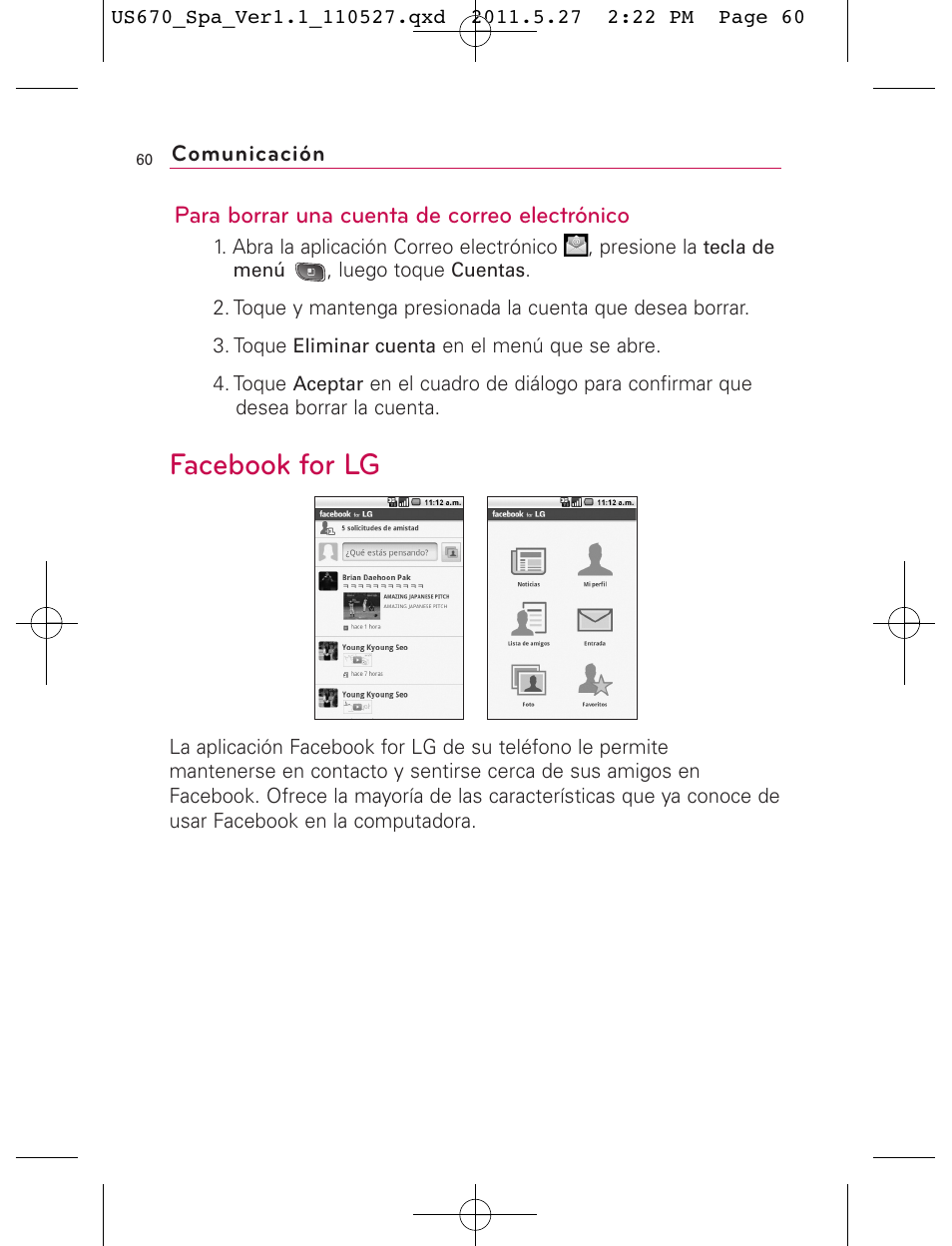 Facebook for lg, Para borrar una cuenta de correo electrónico | LG US670 User Manual | Page 210 / 309