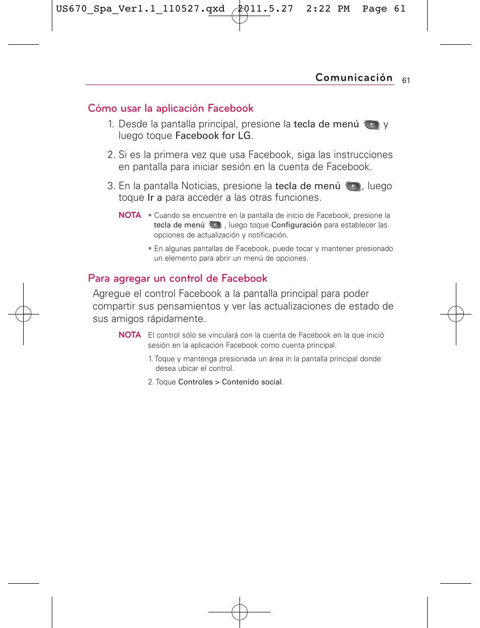 Cómo usar la aplicación facebook, Para agregar un control de facebook, Comunicación | LG US670 User Manual | Page 211 / 309