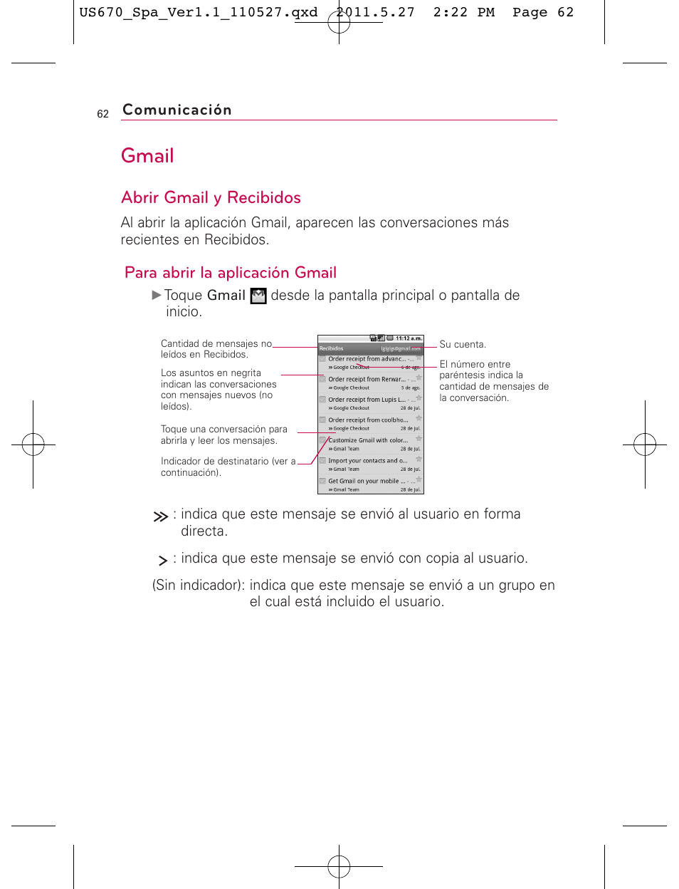 Gmail, Abrir gmail y recibidos, Para abrir la aplicación gmail | Comunicación | LG US670 User Manual | Page 212 / 309