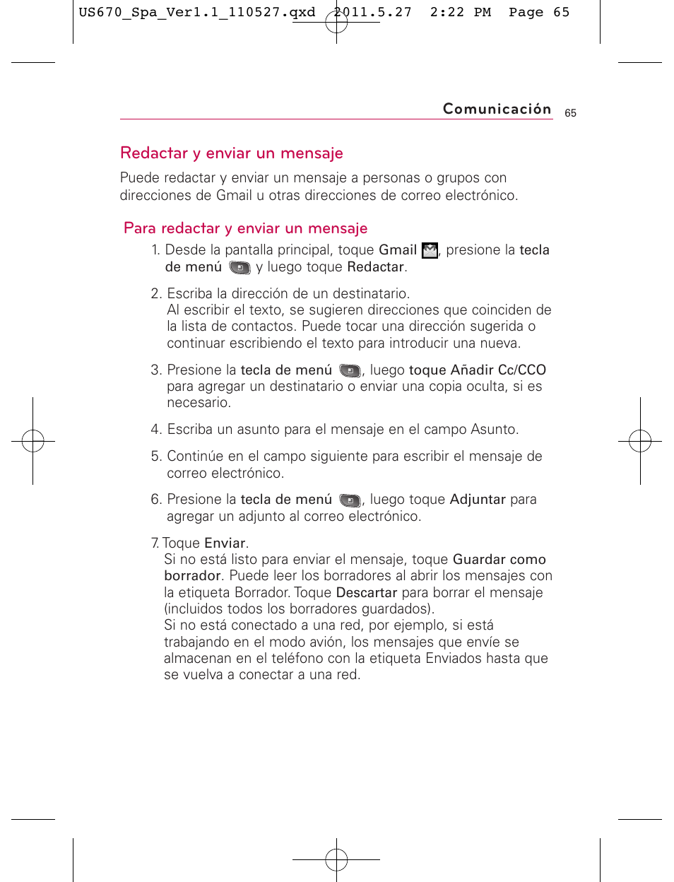 Redactar y enviar un mensaje, Para redactar y enviar un mensaje | LG US670 User Manual | Page 215 / 309