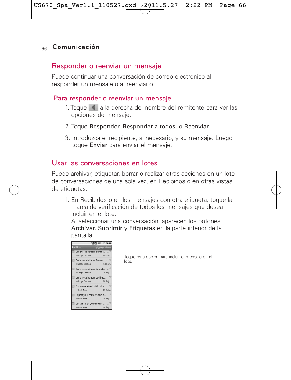 Responder o reenviar un mensaje, Usar las conversaciones en lotes, Para responder o reenviar un mensaje | LG US670 User Manual | Page 216 / 309