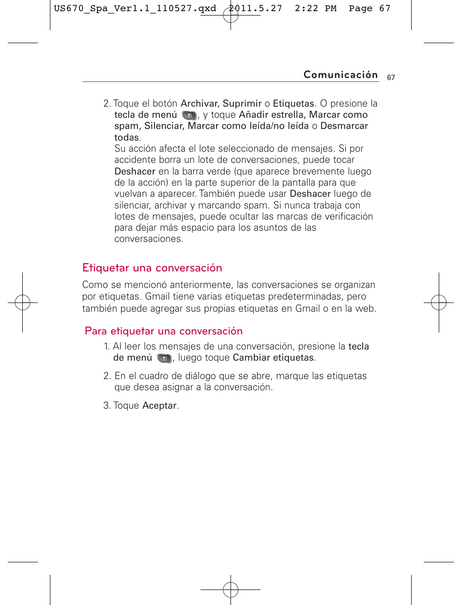 Etiquetar una conversación, Para etiquetar una conversación | LG US670 User Manual | Page 217 / 309