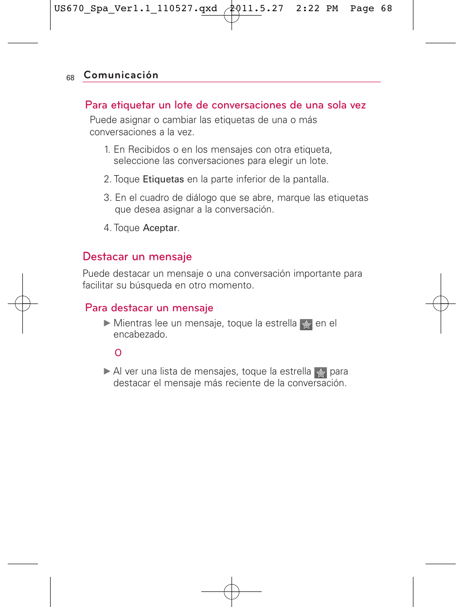 Destacar un mensaje, Para destacar un mensaje | LG US670 User Manual | Page 218 / 309