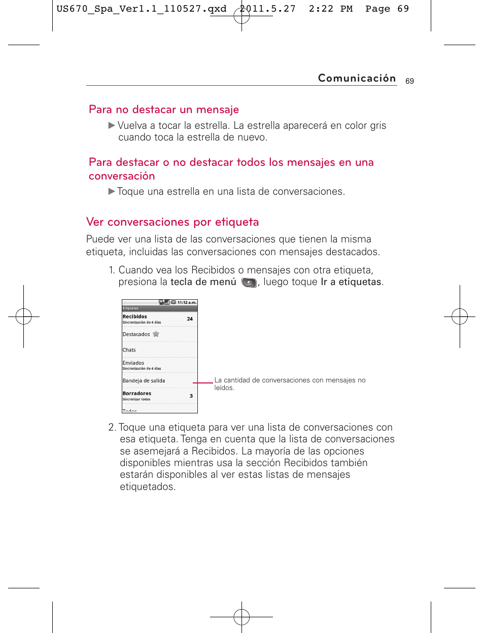 Ver conversaciones por etiqueta, Para no destacar un mensaje | LG US670 User Manual | Page 219 / 309