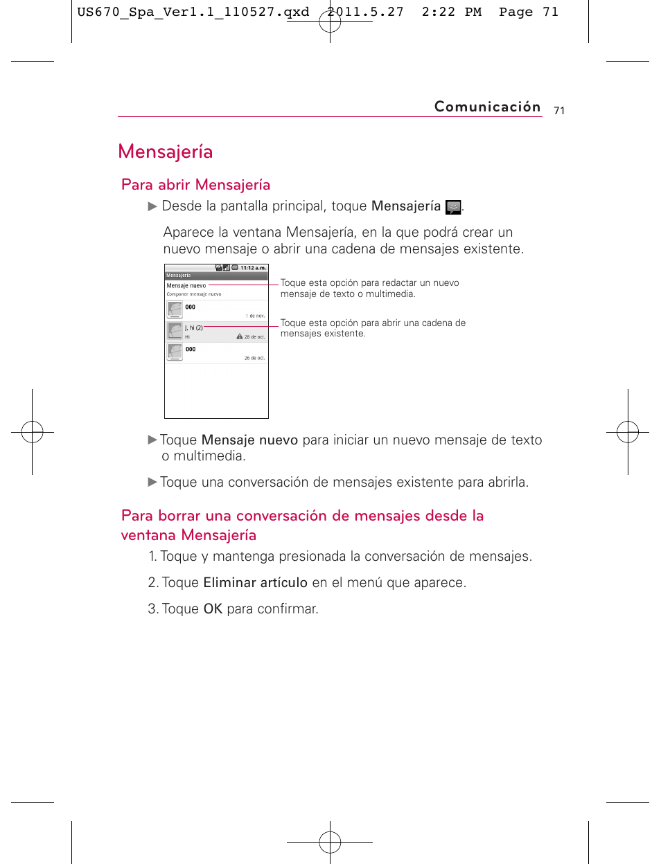 Mensajería, Para abrir mensajería, Comunicación | LG US670 User Manual | Page 221 / 309