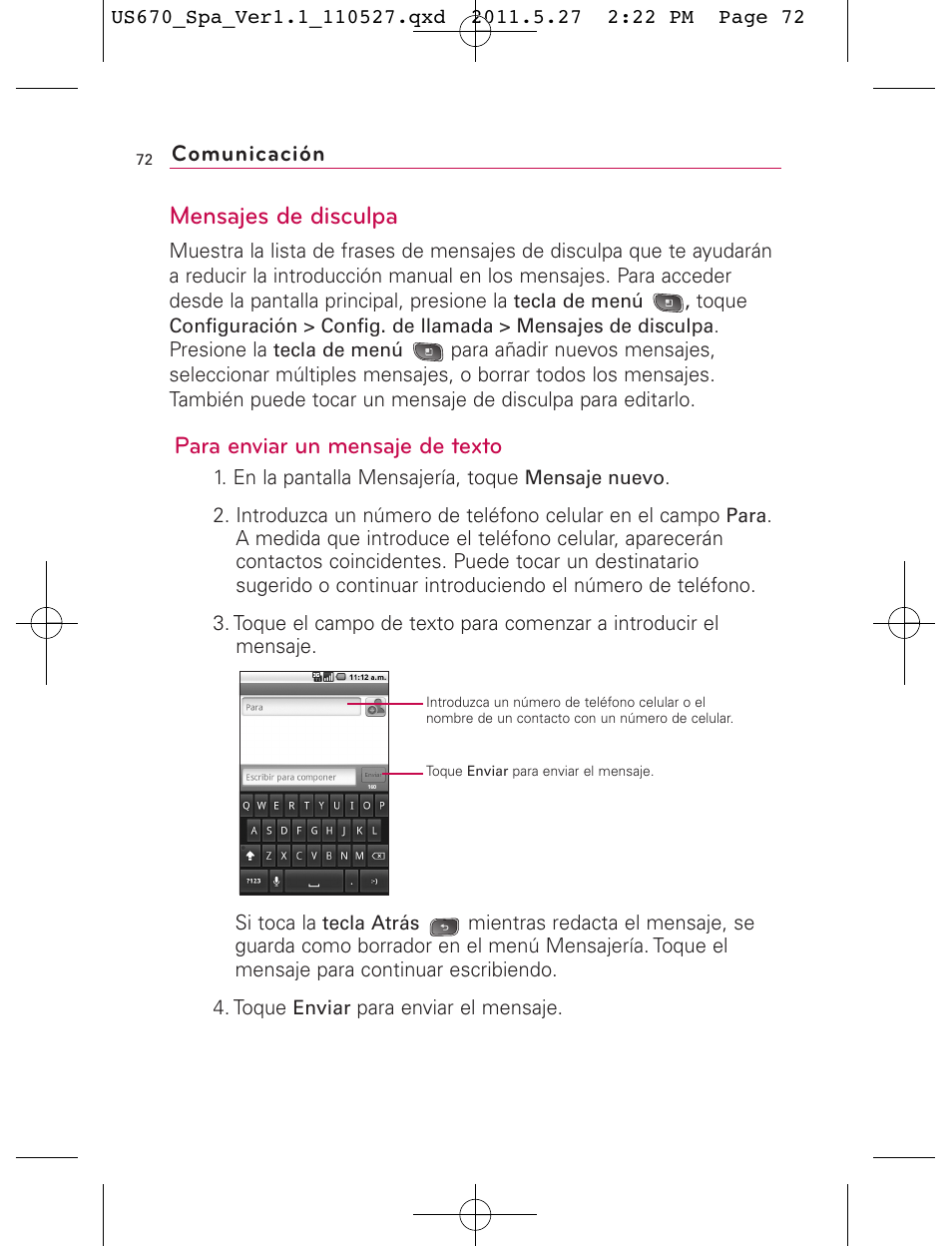 Mensajes de disculpa, Para enviar un mensaje de texto | LG US670 User Manual | Page 222 / 309