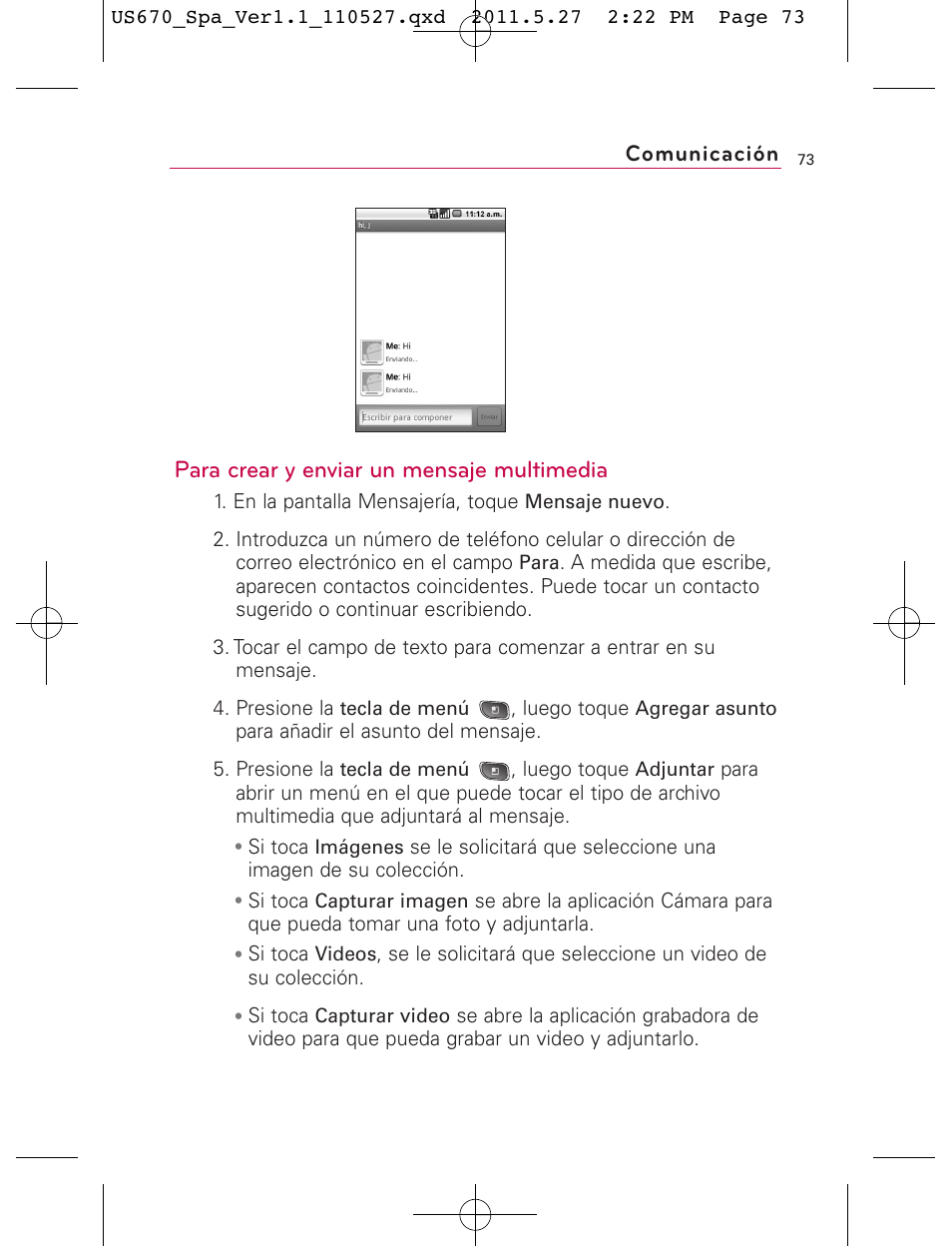 Para crear y enviar un mensaje multimedia, Comunicación | LG US670 User Manual | Page 223 / 309