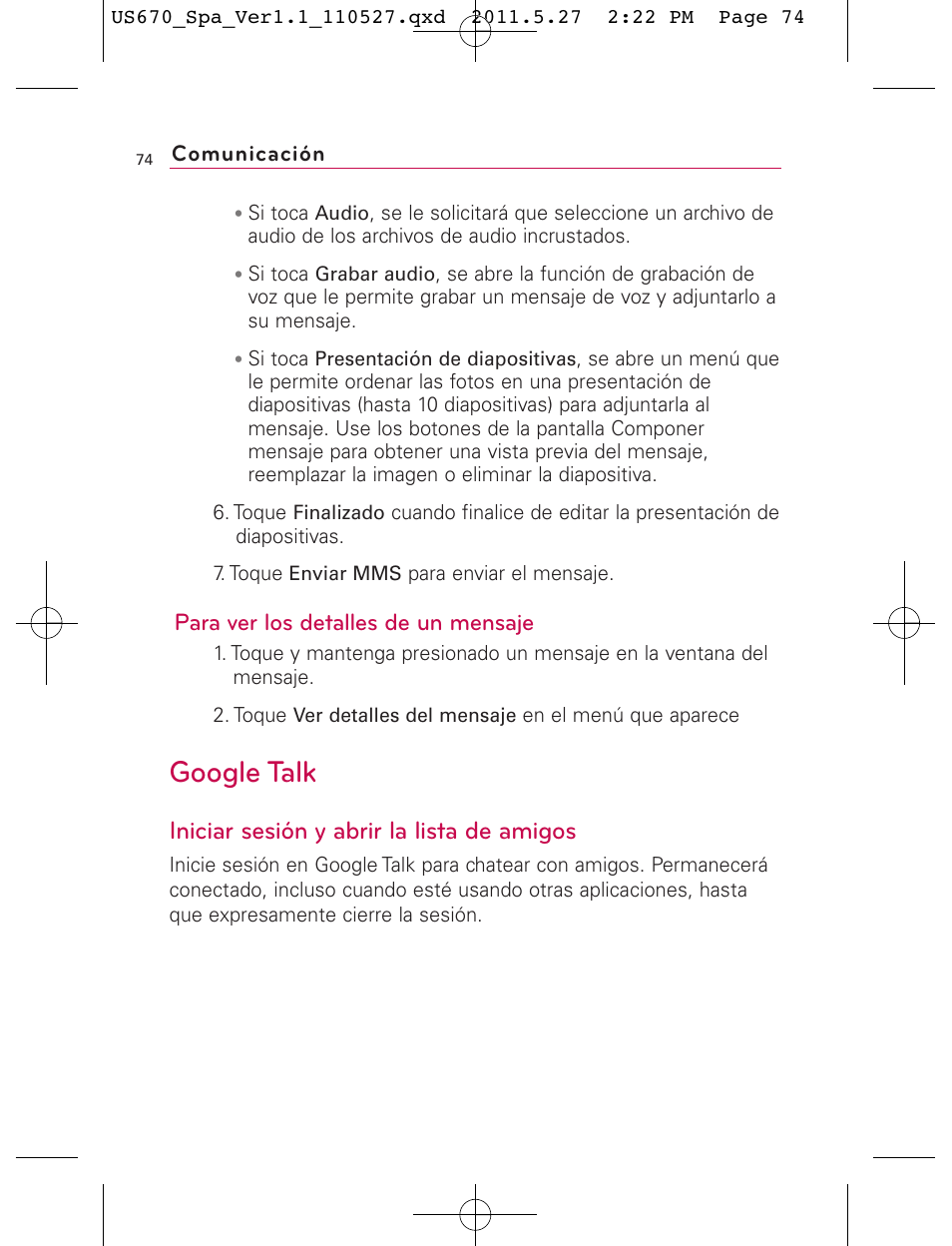 Google talk, Iniciar sesión y abrir la lista de amigos, Para ver los detalles de un mensaje | LG US670 User Manual | Page 224 / 309