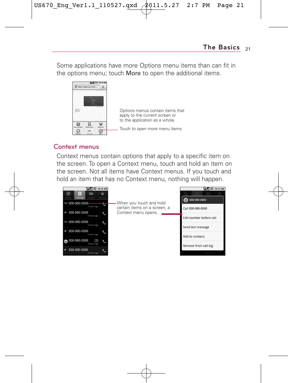 Context menus, The basics | LG US670 User Manual | Page 23 / 309