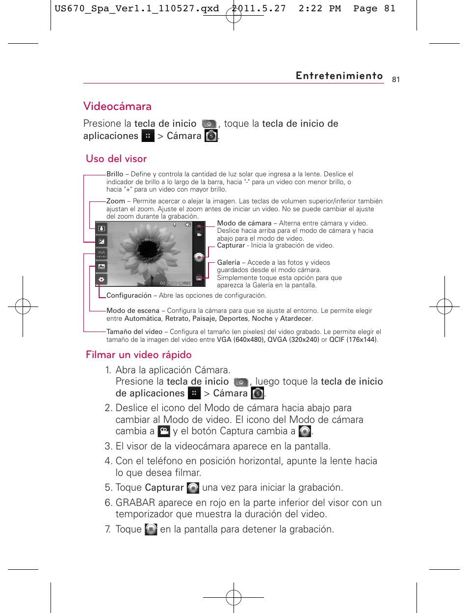 Videocámara, Uso del visor filmar un video rápido, Entretenimiento | LG US670 User Manual | Page 231 / 309