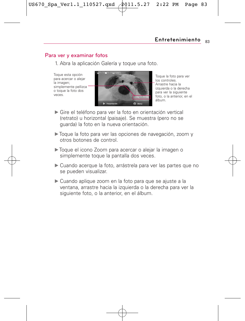 Para ver y examinar fotos, Entretenimiento | LG US670 User Manual | Page 233 / 309