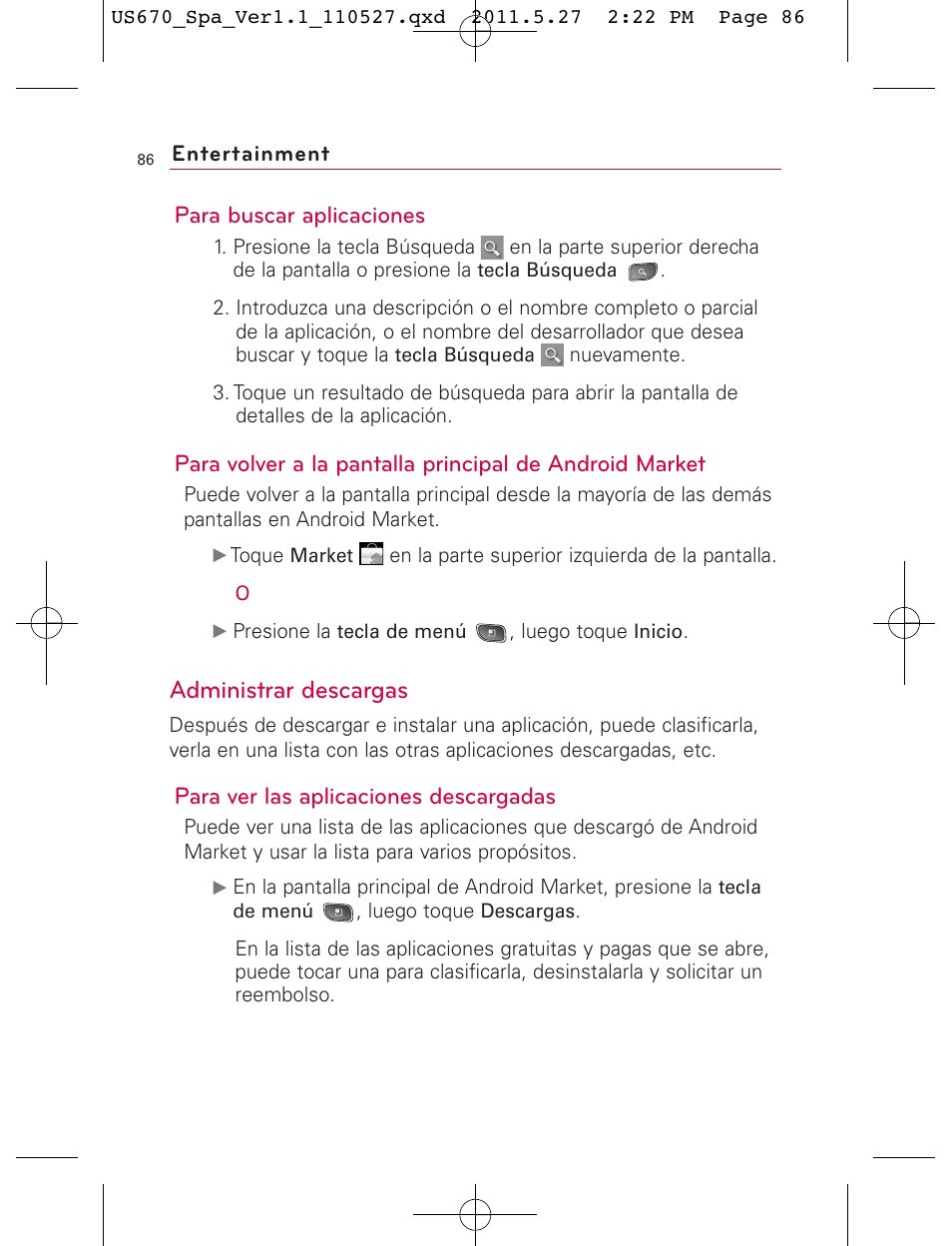 Administrar descargas, Para buscar aplicaciones, Para ver las aplicaciones descargadas | LG US670 User Manual | Page 236 / 309