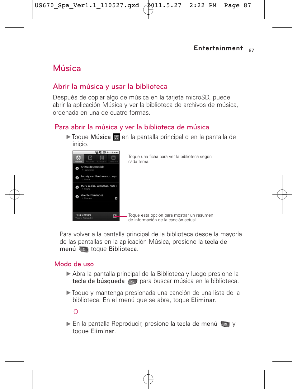 Música, Abrir la música y usar la biblioteca, Para abrir la música y ver la biblioteca de música | Modo de uso, Entertainment | LG US670 User Manual | Page 237 / 309