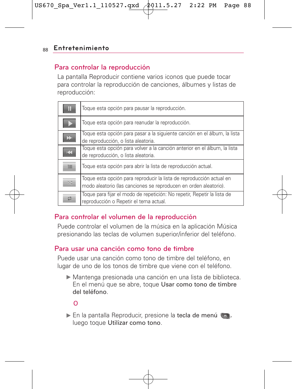 Para controlar la reproducción, Para controlar el volumen de la reproducción, Para usar una canción como tono de timbre | Entretenimiento | LG US670 User Manual | Page 238 / 309