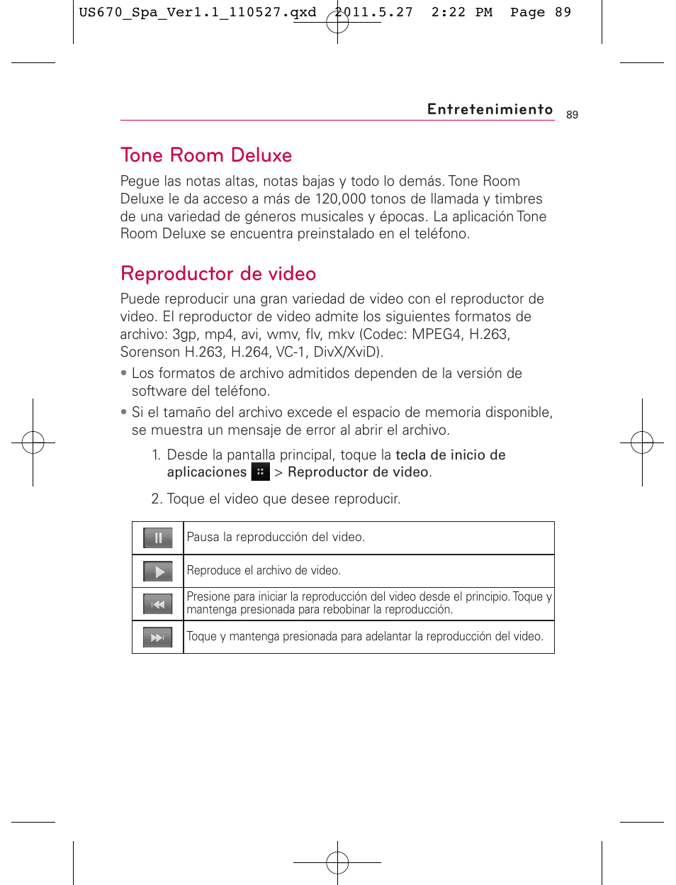 Tone room deluxe, Reproductor de video | LG US670 User Manual | Page 239 / 309