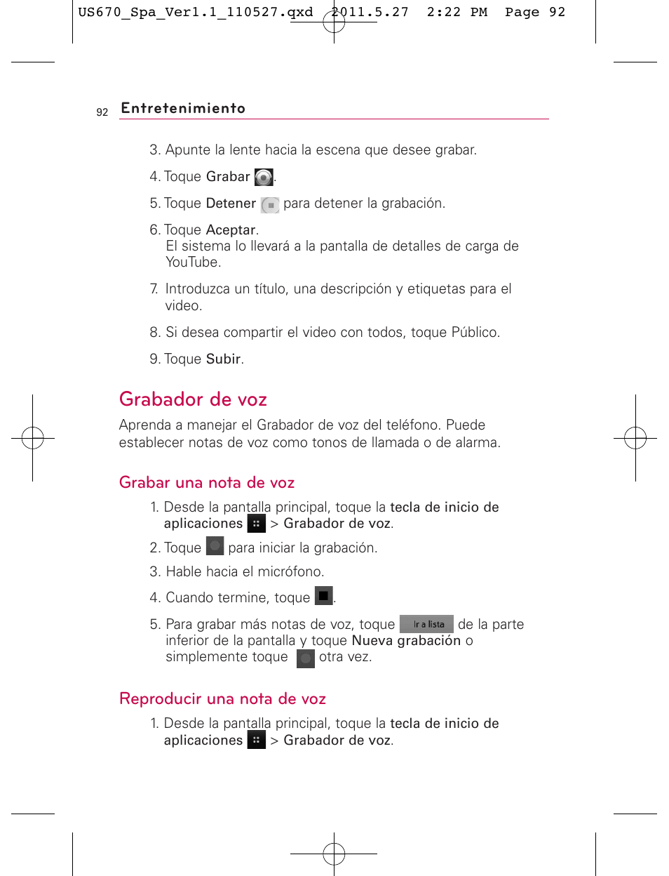 Grabador de voz, Grabar una nota de voz, Reproducir una nota de voz | LG US670 User Manual | Page 242 / 309