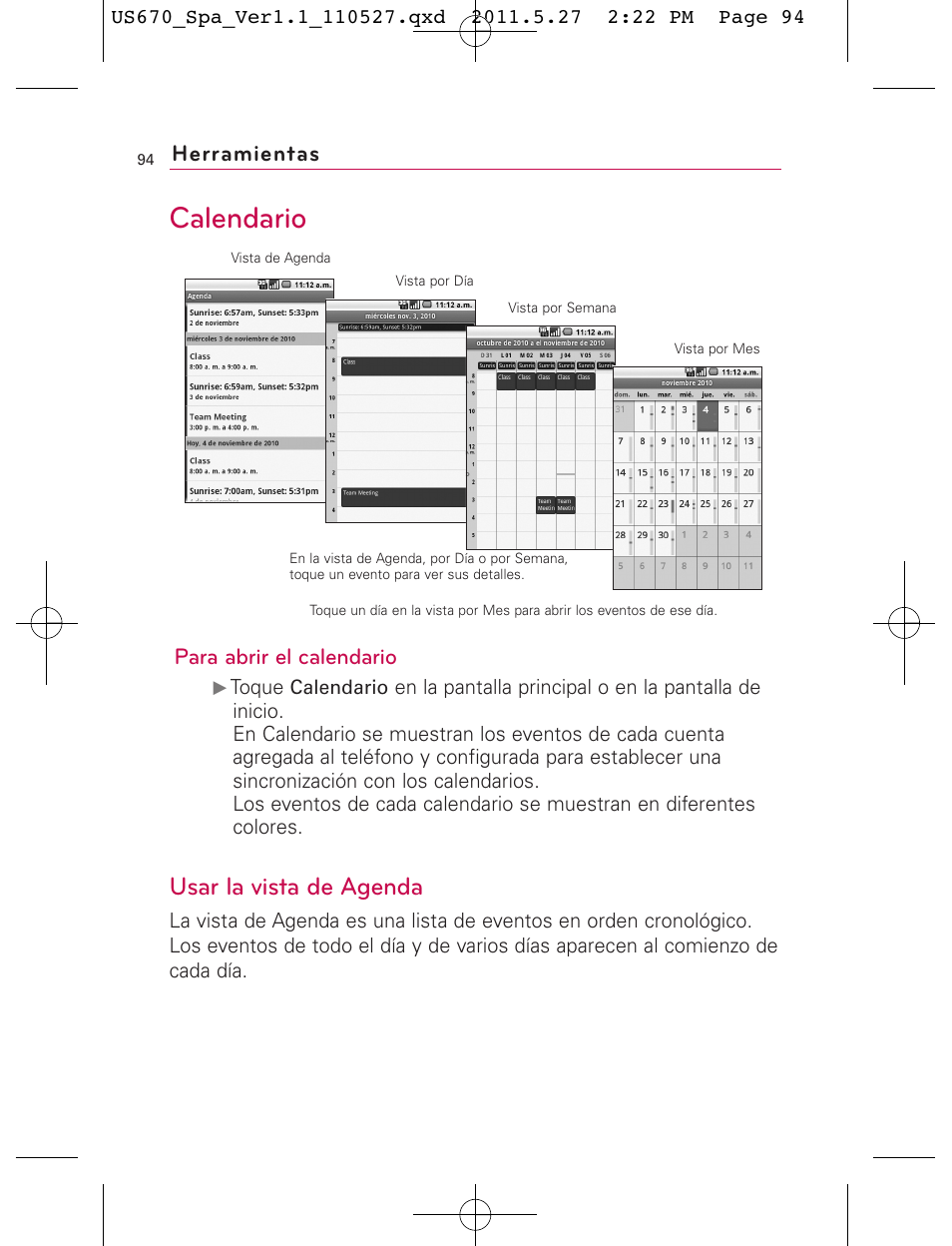 Calendario, Usar la vista de agenda, Herramientas | Para abrir el calendario | LG US670 User Manual | Page 244 / 309