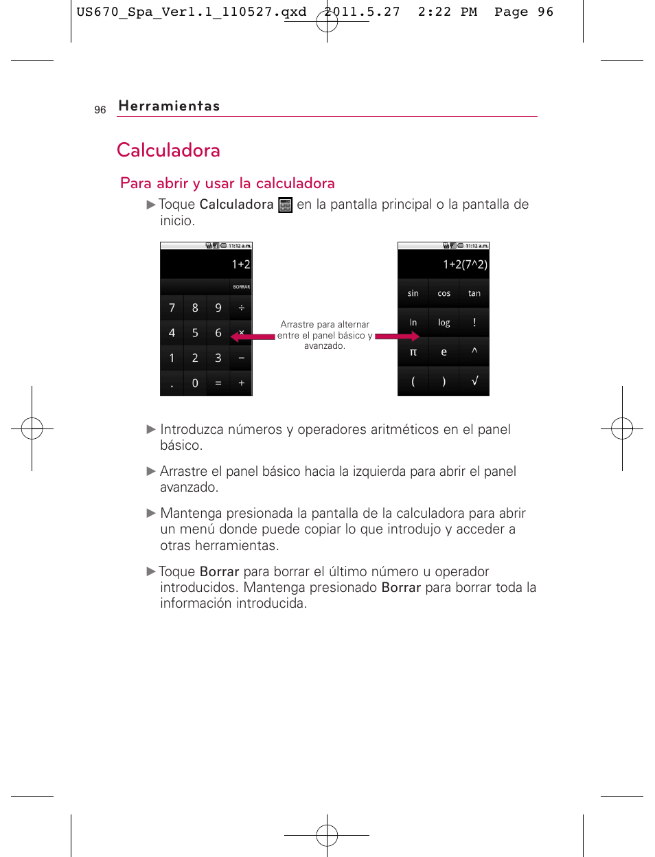 Calculadora, Para abrir y usar la calculadora, Herramientas | LG US670 User Manual | Page 246 / 309