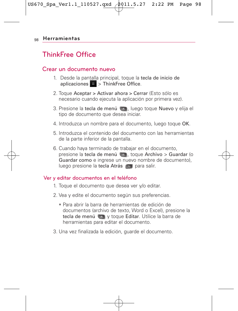 Thinkfree office, Crear un documento nuevo | LG US670 User Manual | Page 248 / 309