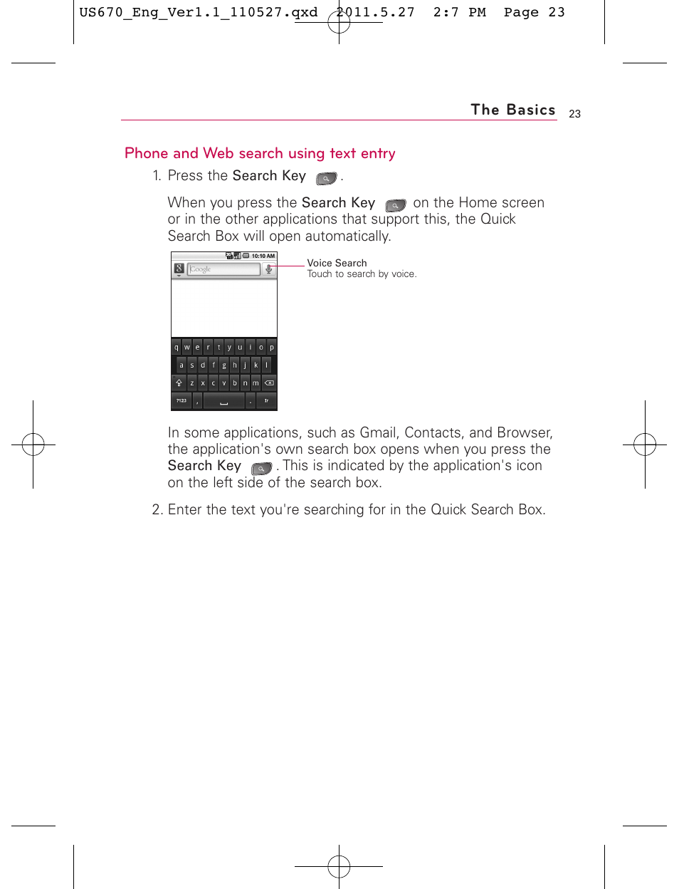 Phone and web search using text entry, The basics | LG US670 User Manual | Page 25 / 309