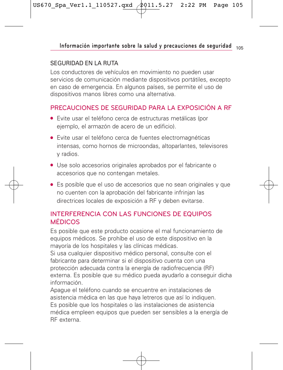 Precauciones de seguridad para la exposición a rf, Interferencia con las funciones de equipos médicos | LG US670 User Manual | Page 255 / 309