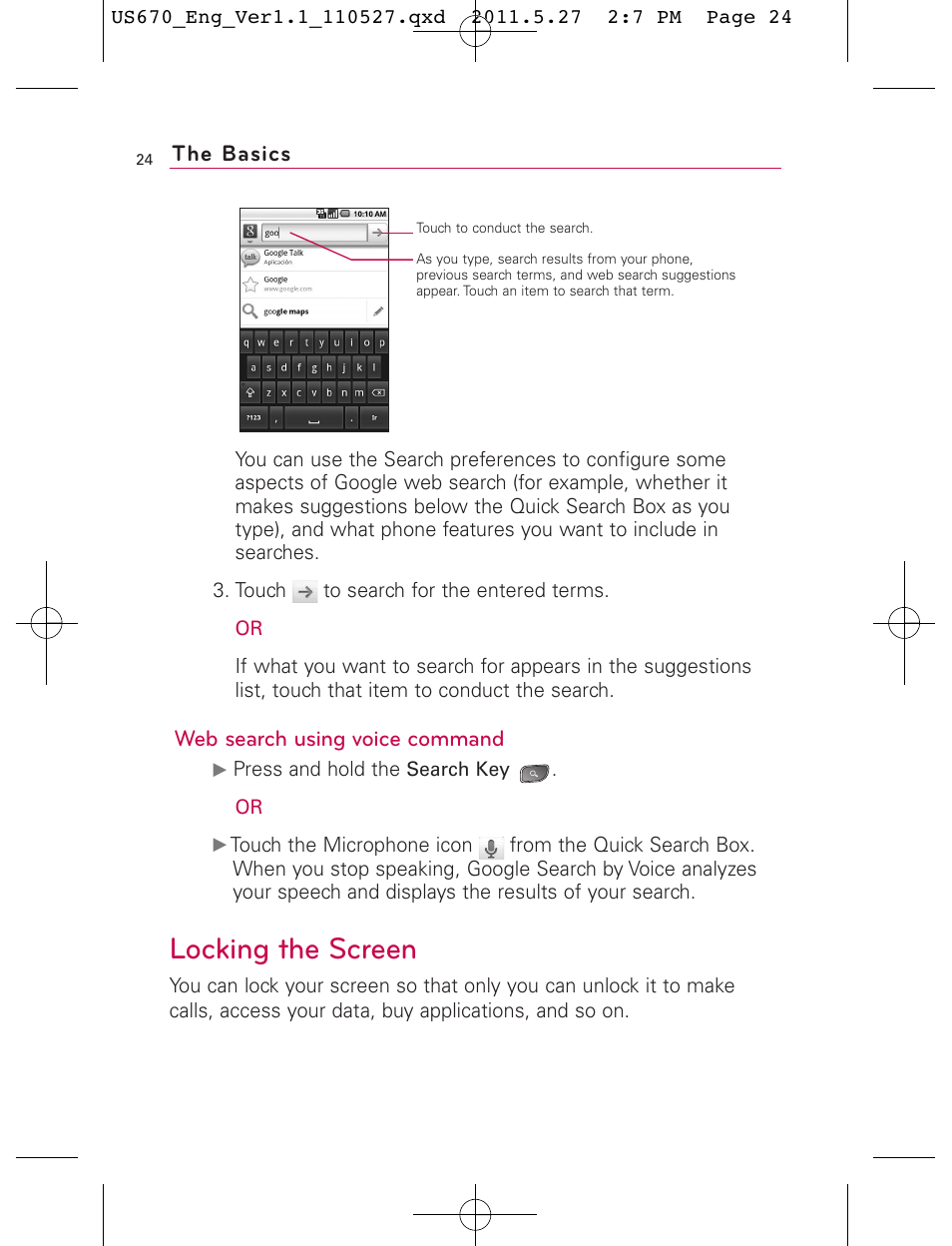 Locking the screen, Web search using voice command, The basics | LG US670 User Manual | Page 26 / 309