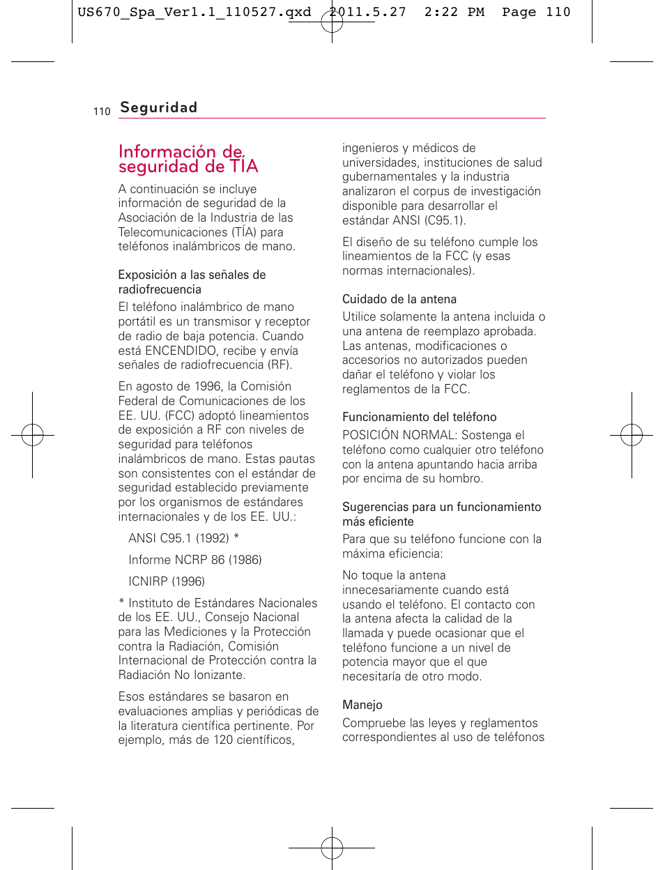 Información de seguridad de tía, Seguridad | LG US670 User Manual | Page 260 / 309