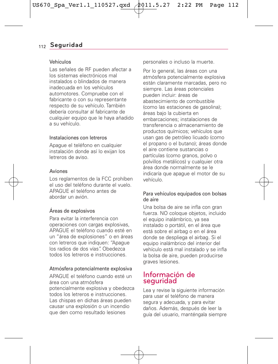 Información de seguridad, Seguridad | LG US670 User Manual | Page 262 / 309