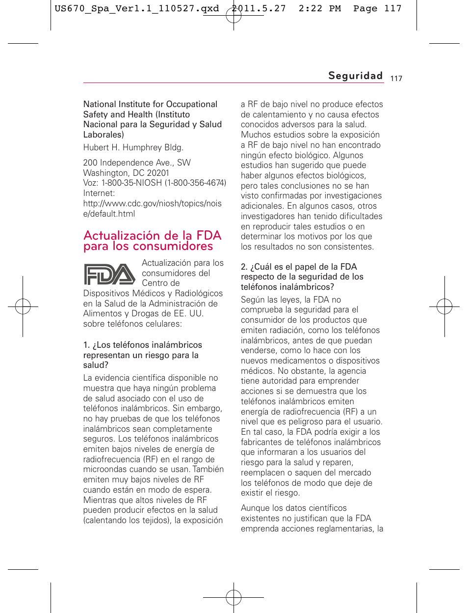 Actualización de la fda para los consumidores, Seguridad | LG US670 User Manual | Page 267 / 309